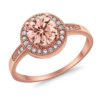 Halo Round Promise Ring Rose Tone, Simulated Morganite CZ 925 Sterling Silver